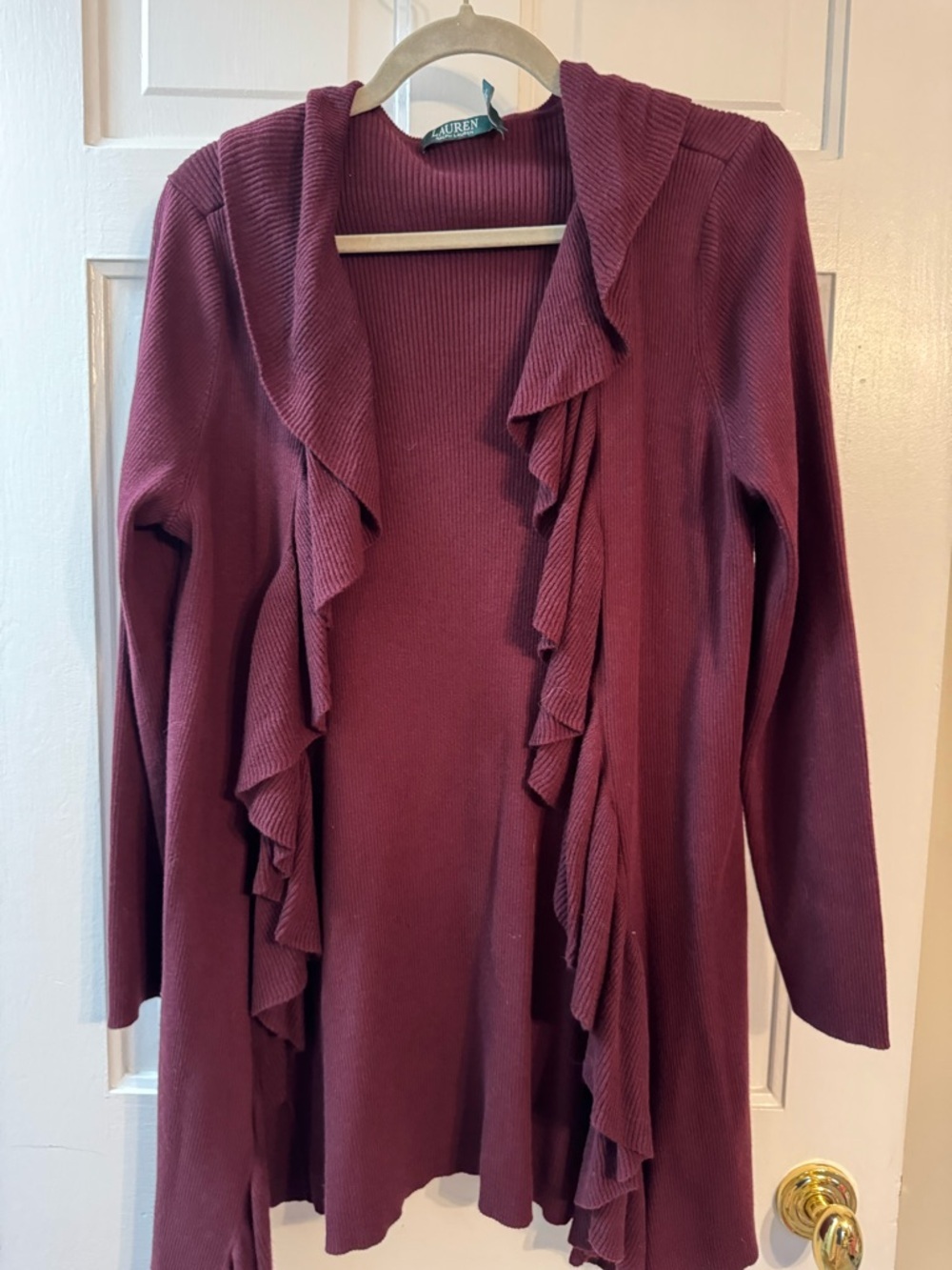 Ralph Lauren Burgundy Ruffled Open-Front Cardigan